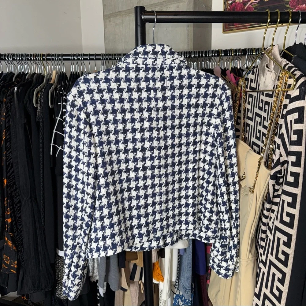 Zara Navy And White Houndstooth Tweed Cropped Jacket Jewel Buttons Womens XS NWT - Picture 8 of 8